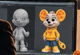 A wireframe mesh next to the fully rendered 3D model of Cheese Mouse on a monitor