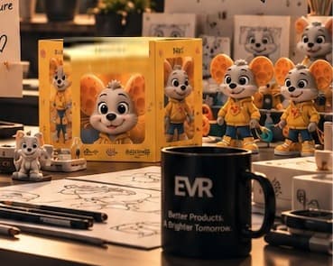 Physical Cheese Mouse figurines next to finished retail packaging on a desk