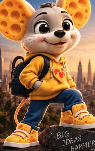 Cheese Mouse standing on a rock overlooking the Los Angeles skyline