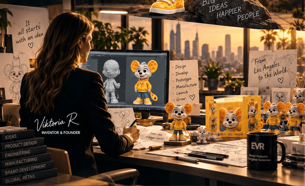 Viktoria R., EVR's Founder & Inventor, developing Cheese Mouse at her studio desk — from concept sketch to 3D model to physical prototype and packaging