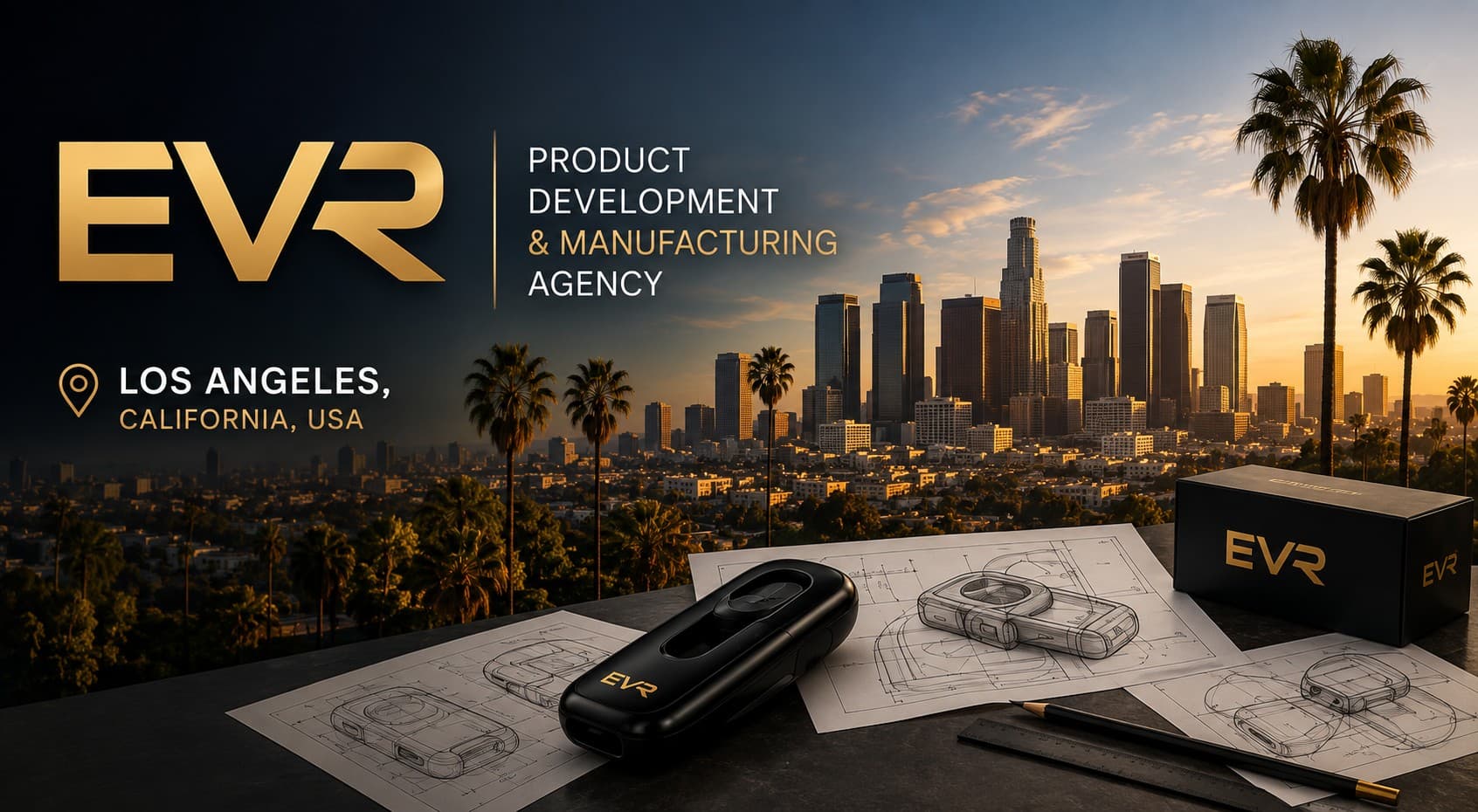 Los Angeles skyline at sunset with EVR product sketches and packaging on a studio desk