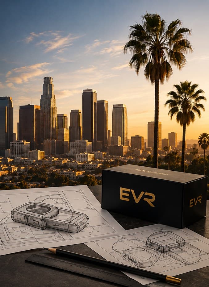 Los Angeles skyline at sunset with EVR product sketches and packaging on a studio desk